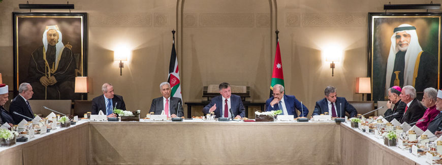 His Majesty King Abdullah meets with representatives of the Jerusalem Awqaf Department, clerics, and Muslim and Christian Jerusalemites in Amman  on Wednesday (Photo courtesy of Royal Court)